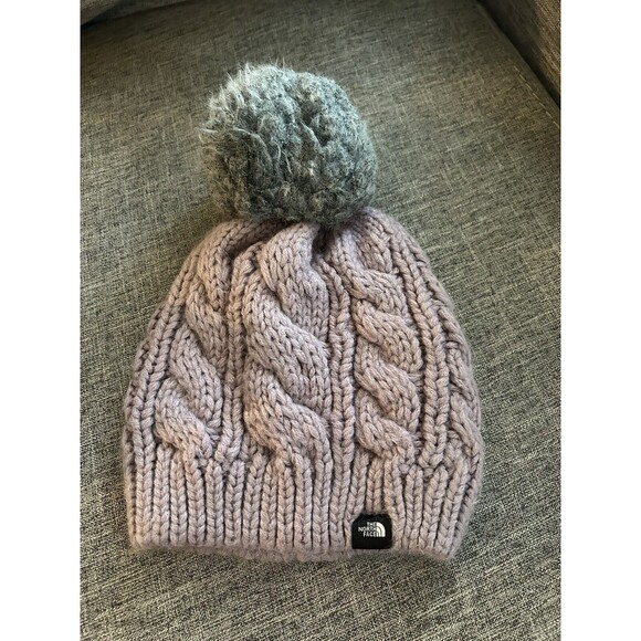 The North Face Cable Knit Pom Beanie Hat KIDS One Size Pink Winter Gray - Picture 1 of 7